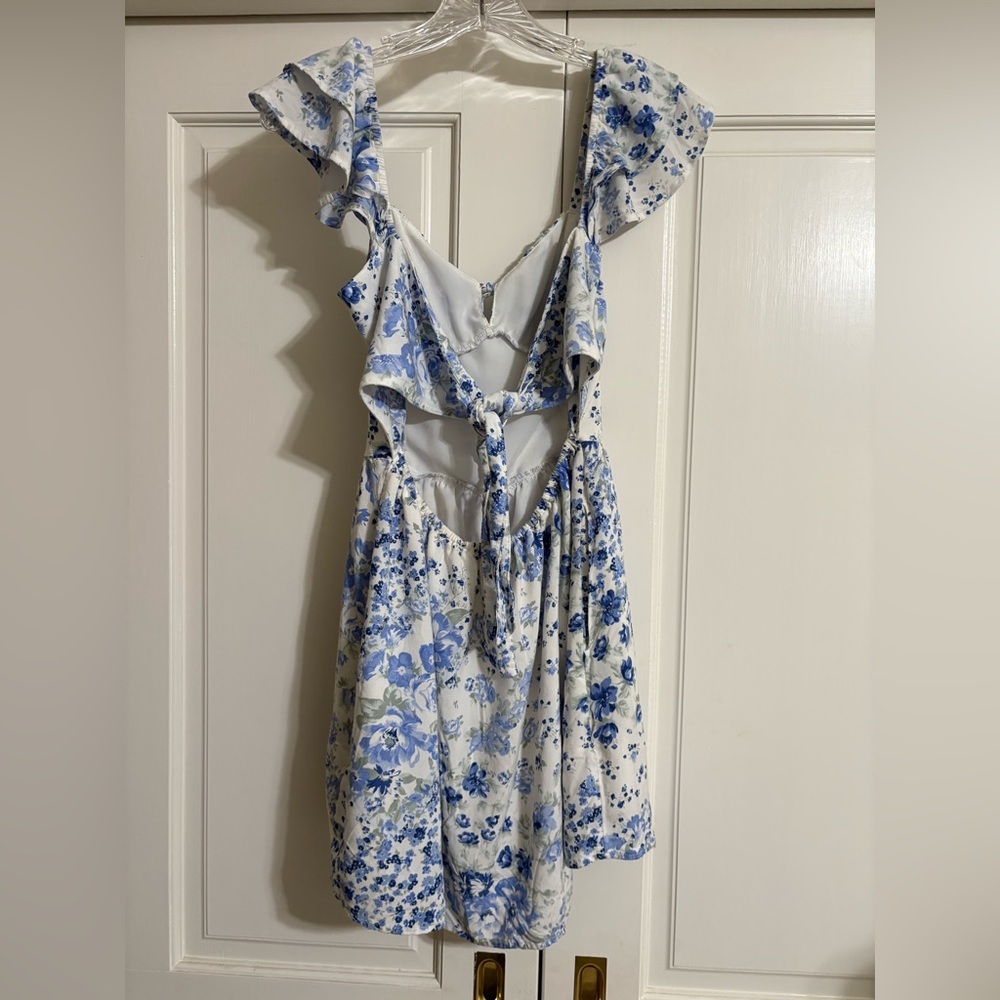 Hollister Blue Floral Ruffle Mini Dress S Cottagecore Coastal Tie Back - Picture 6 of 8